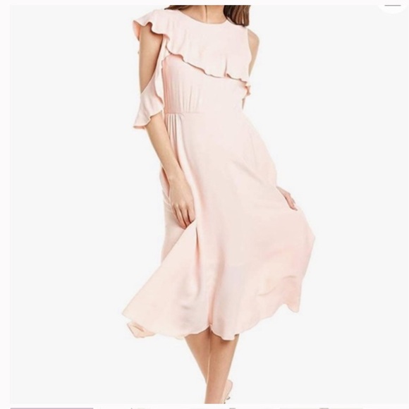 Maje Dresses & Skirts - Maje Riveli Cold Shoulder Crepe Midi Elegant Pink Ruffle Dress‎